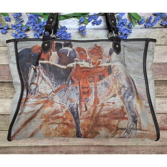 Montana West Tan Canvas & Brown Studded Trim Horse Painting  Large Purse Tote - Picture 2 of 12
